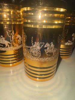 Set of 6 Vintage Gold Western Highball Tumblers m, Horse, Stagecoach & Cactus Desert Scene MCM Barware