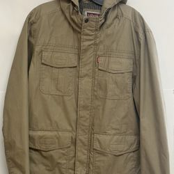 Levi’s Jacket Men’s Large Brown Khaki Hooded Pockets Utility Army Military Coat