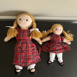 Big and Little Sister Plush Dolls Yarn Hair Red Tartan Plaid Dresses All Ages
