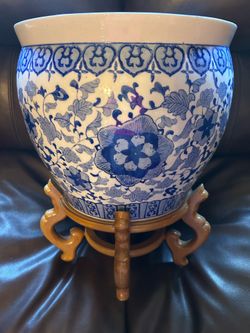 20th Century Chinese Chinoiserie blue and white porcelain fishbowl jardinière.