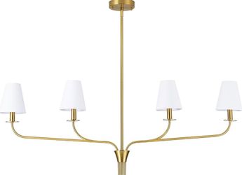New 42" Linear Chandelier  4-Light Gold Finish White Fabric Shades Adjustable Height Dimmable