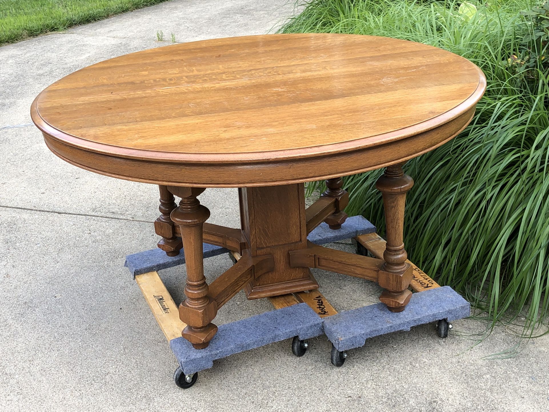 1800s Round Oak Dining Table 86” Wide Extended 51” Wide Round