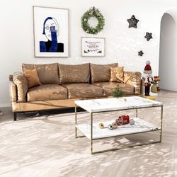 White Marble Print Coffee Table with Gold Metal Legs, outlet 2 Tier Living Room Table