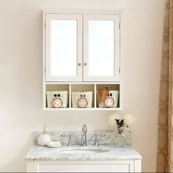 Bathroom Storage Cabinet, Medicine Cabinets for Bathroom with Mirror, 2 Doors 4 Adjustable Shelf + 3 Storage Basket, White Wood Cabinet Wall Mounted f