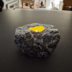 "NEW " Made In Brazil By Rock Paradise, Natural Stone Candle Holder Tourmalated Quartz, Black W/Iridescent Blue Highlights 2.5"H X 5"W