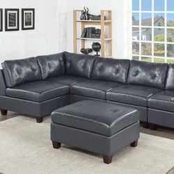 Brand New Top Grain Black Leather Sectional Modular J Shape 