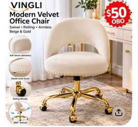 VINGLI Modern Velvet Small Office Chair – Beige/Gold – Swivel Rolling Vanity/Desk Chair