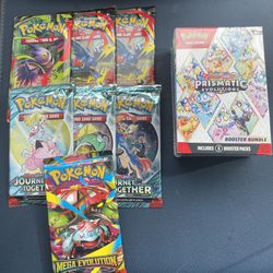 Prismatic Evolution Booster Bundle, (3) Phantasmal Flames Pack, (3) Journey Together Packs (1) Mega Evolution Pack