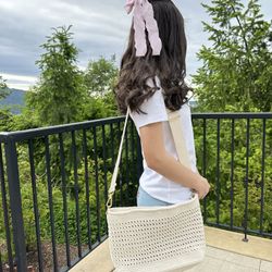  Handmade White Crochet Shoulder Bag-Adjustable Strap