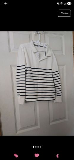 White and Navy Striped Long Sleeve Polo