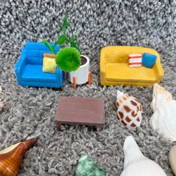 Miniature Dollhouse Furniture & Real Seashells Lot Sofa Chair Table Plant Decor