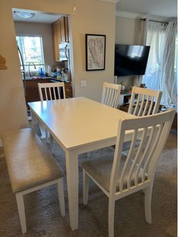 White Rectangular Wood Dining | Bench | 4 Side Chairs Set For 6