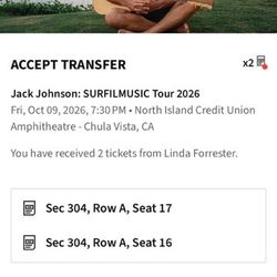2 Tix Jack Johnson Friday Oct 9