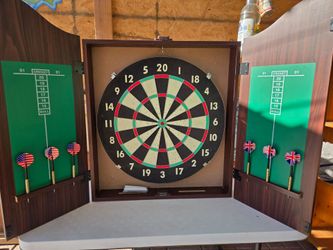 Trademark Poker Dart Board Cabinet Set with Official Size measurement  pictures. Dartboard