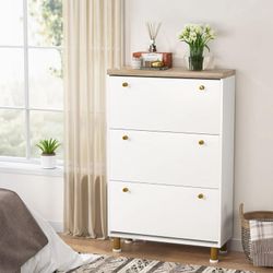 Tribesigns 3 Drawer Shoe Cabinet, Freestanding Shoe Rack Storage Organizer with Flip Door, Modern Tipping Bucket Shoe Cabinet for Entryway, Hallway, B