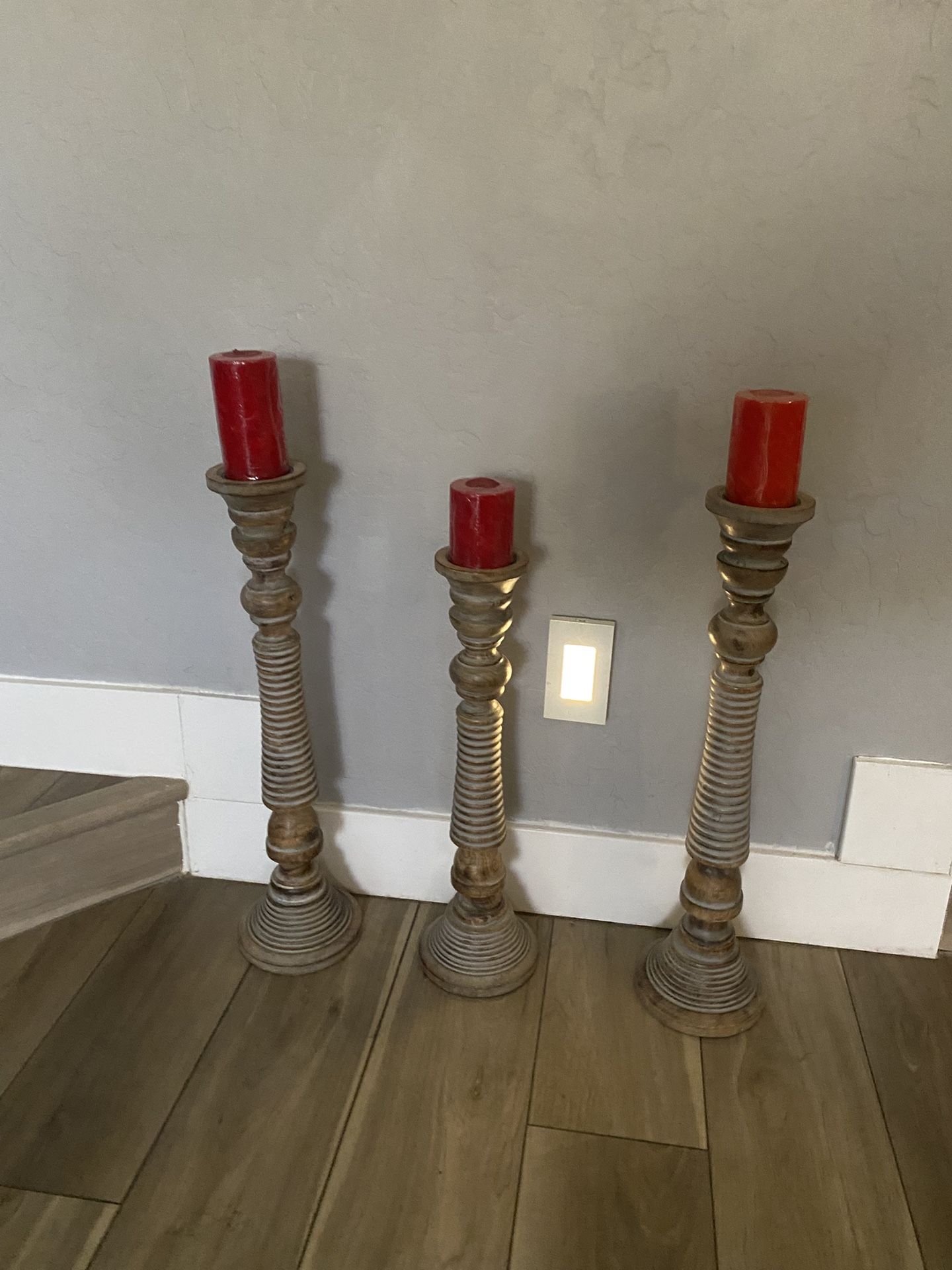 Mango Wood Handmade Decorative Candle Holder Candle Stand, Set of 3 Candlestick Holder 24” and 20”H, Light Gray