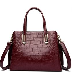 NEW! Crocodile Embossed Genuine Leather Top Handle/Shoulder Strap Handbag Purse -DEEP RED (3 avail)
