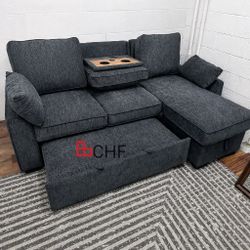 91"W Chenille Fabric Reversible Sleeper Sectional with Storage Chaise, Drop-Down Table, Cup Holders and Charging Ports