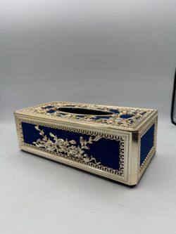 Hollywood Regency Vintage Blue Velvet & Ornate Rose Tissue Box Cover Plastic
