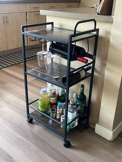 Rustic Brown - 3-Tier Rolling Bar Cart with Wine Rack
