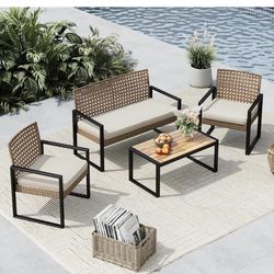 🔥Brand new🔥 4 Piece Wicker Patio Furniture Set, Small Patio Sofa with Loveseat & Chaise & Acacia Wood Table, Outdoor Sectional Couch with Wood Table