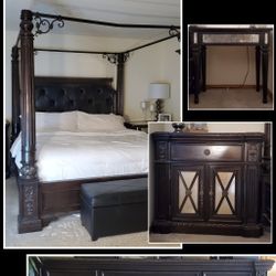King size bedroom set, Canopy bed, Dresser with Mirror, Nightstand, Bedside Table