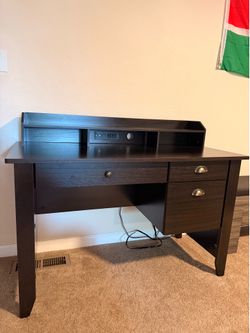 Two Tier Dark Wood Desk with Shelves and Power Outlets