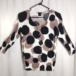 Ann Taylor Women's Beige/Black Ink Blot Pattern 3/4 Sleeve Button-Down Size Sm