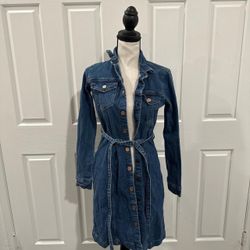 Good Condition | 2 Petite Gap Denim belted tunic dress with button up front and pockets 