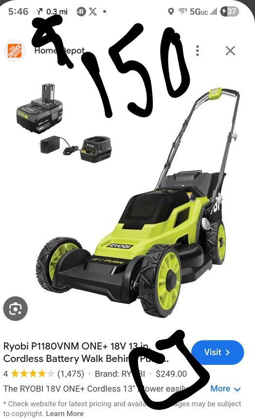 Brand New RYOBI ONE+ 18V Cordless 13" Lawn Mower (With Battery & Charger)