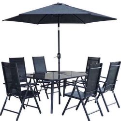 8-Piece Outdoor Patio Dining Set with Tilting Umbrella, Glass Table, & Folding Chairs