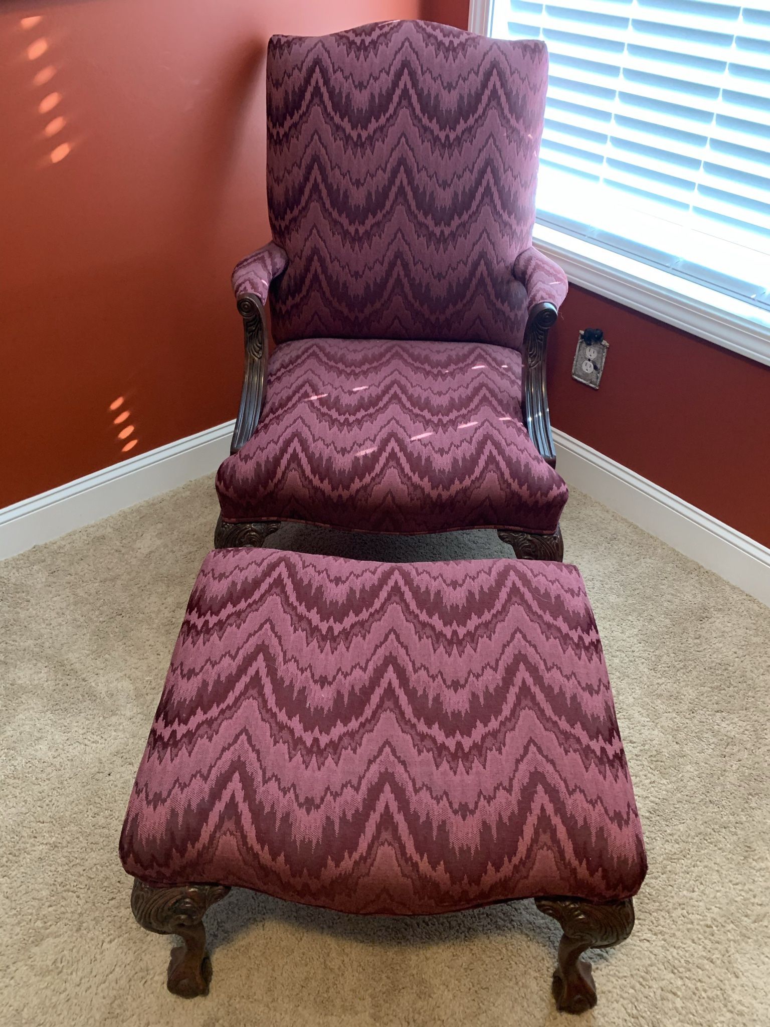 Solid Hardwood Carved Chair & Matching Ottaman With Claw Feet Design. In Burgundy Pattern Material. Made By Fairfield Furniture Company.