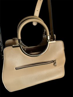 Beige Handbag with Gold Round Handle & Zipper Pockets
