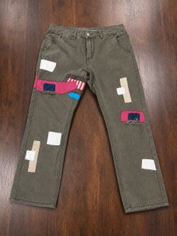 Men’s Patchwork Designer Style Jeans – Size 32 – Olive Green
