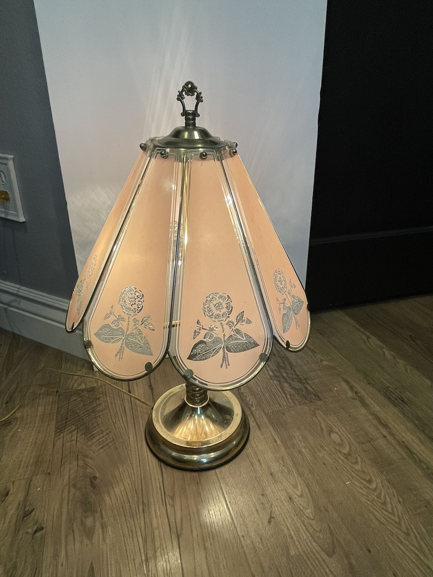Vintage Brass Plated Pink Touch Table Lamp W/ Floral Glass Panels 23"