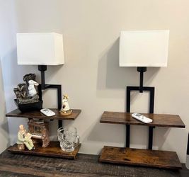Rustic Wood and Black Metal Shelf w/Lamps – Set of 2