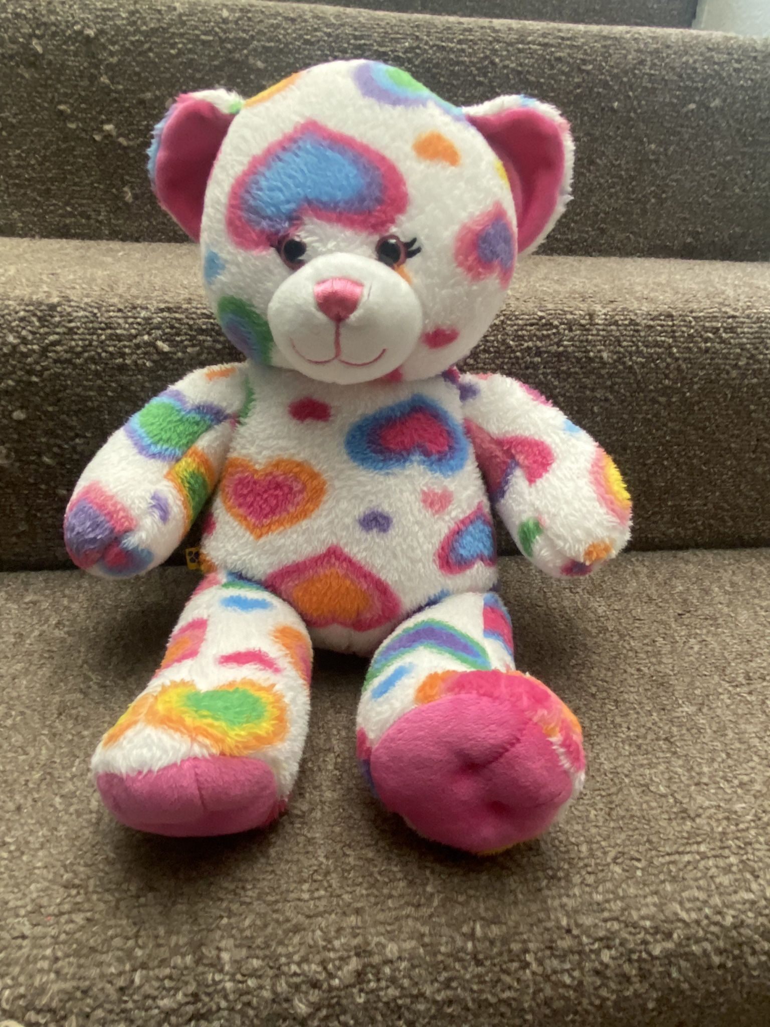 Retired Build A Bear Workshop Rainbow Hearts 16" Bear Plush 2011