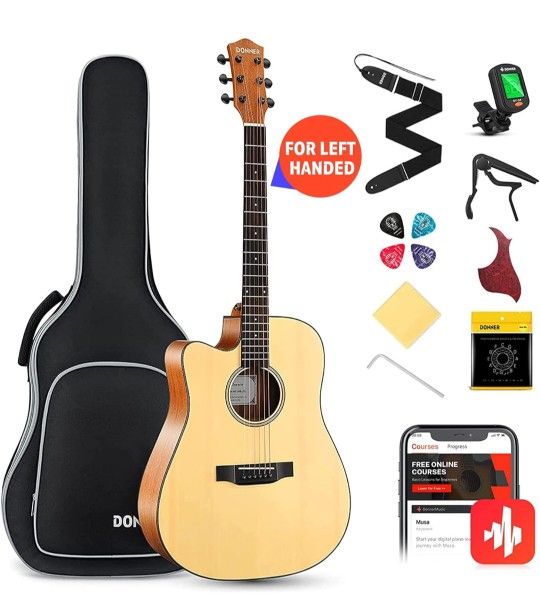 Donner Left Handed Acoustic Guitar Kit for Beginner Adult Full Size Cutaway Lefty Acustica Guitarra Bundle Set with Bag Strap Tuner Capo Pickguard Str