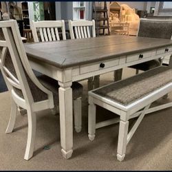 6 Pieces Dining Room Set Table, Bench,4 Side Chairs 