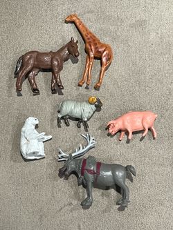 Small Plastic PVC Animals 1-2” Pretend Play lot of 6 Ram Giraffe Polar bear pig