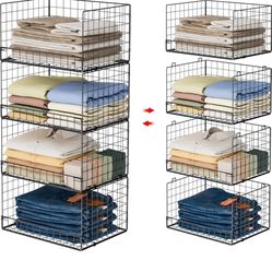 4-Tier Stackable Closet Organizers and Storage Shelves, Clothes Shelf Organizer Basket Bins, Foldable Sweater Storage for Closet Organizer System, Bla