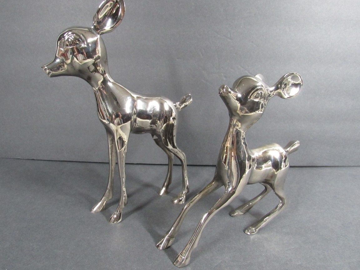 Deer Pair Doe & Fawn Chrome Plated Cast Metal MCM Vintage Statues