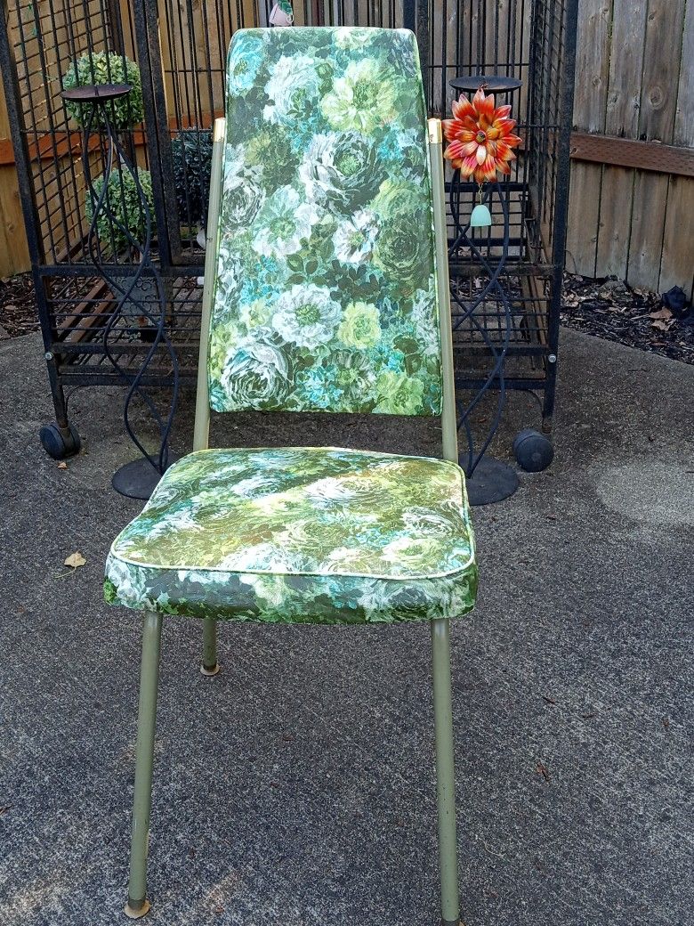 Mid Century Vinyl Chair.... Avocado Floral Dinette High Back Vinyl Chair..Funky Cool! Vintage & Nostalgic