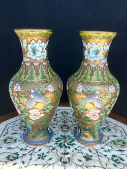 Pair of Vintage Chinese Cloisonné Enamel Vases – Birds & Peonies – 10” Tall