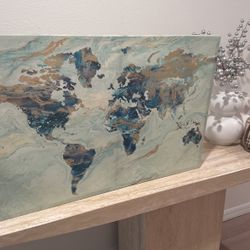 36x24 Teal World Map Art Painting 