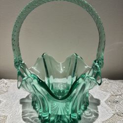 Vintage Fenton Art Glass Sea Mist Green Vulcan Basket 9544 GH 8" 1991