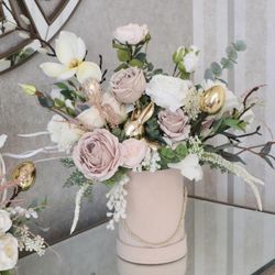 Beige & Gold Floral Arrangement in Velvet Box – Handmade (Gently Used)