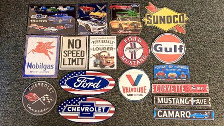 17 Automotive Metal Signs Set - Garage / Man Cave Decor