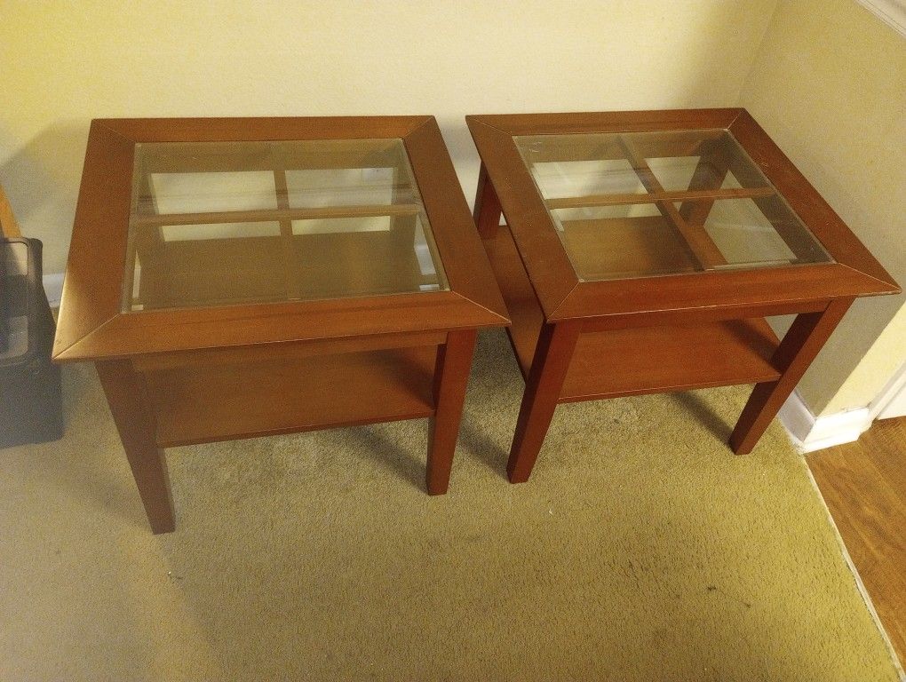 $30 Glass and Wood End Tables. 2 Tables