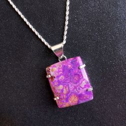 Purple Laguna Lace agate square pendant on 20" sterling silver rope chain necklace new